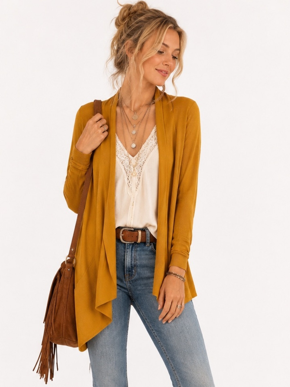 Suzy Shier Sweater Mustard Yellow Open Front Cardigan Viscose Long Size Small